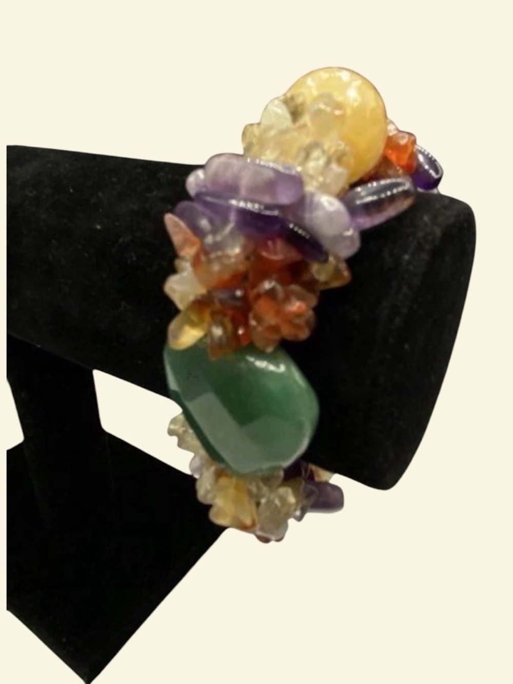 Multicolor Jadeite and  Gemstone Chip Stretch Bracelet - Green, Purple & Amber